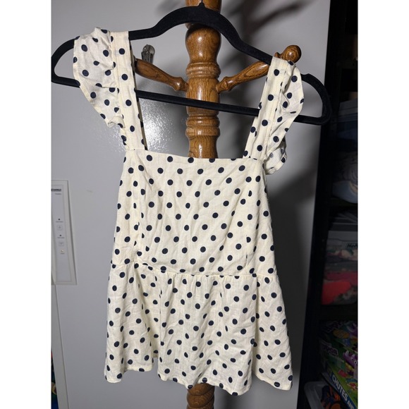 Monteau Los Angeles Tops - Monteau Los Angeles Polka Dot Peplum Top Cream Navy Ruffle Tie Back XL